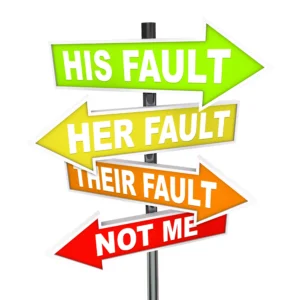 A Signpost With Colorful Arrows Pointing In Different Directions Labeled “His Fault,” “Her Fault,” “Their Fault,” And “Not Me,” Symbolizing The Confusion And Challenges Involved In Proving Fault In A Rideshare Accident.