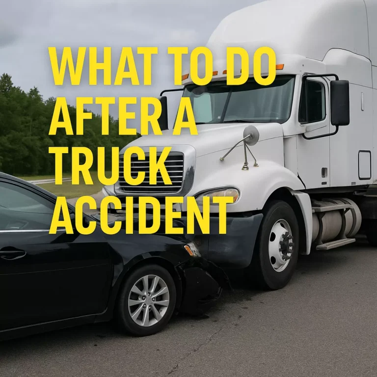 A white semi-truck and a black sedan are shown after a highway collision, with visible front-end damage on both vehicles under a cloudy Texas sky. Bold yellow text reads ‘What to Do After a Truck Accident.’