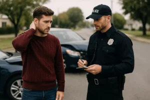 A Car Accident Victim Speaks With A Police Officer Wearing A Dallas-Style Uniform At The Scene Of A Crash, Illustrating Whether You Can File A Car Accident Claim Without A Police Report.