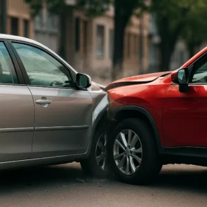 A Realistic Photo Showing A T-Bone Car Accident Where The Front Bumper Of A Maroon Suv Crashes Into The Driver-Side Door Of A Silver Sedan, Forming A Clear T-Shape And Visually Illustrating What Is A T Bone Accident.