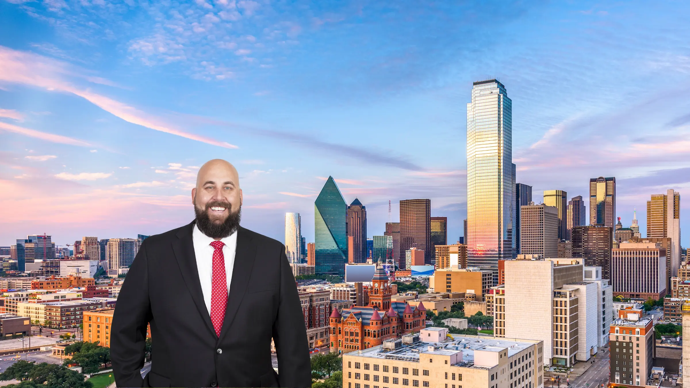 Texas Personal Injury Lawyer, Mike Allbee, Standing In Front Of The Dallas Skyline.